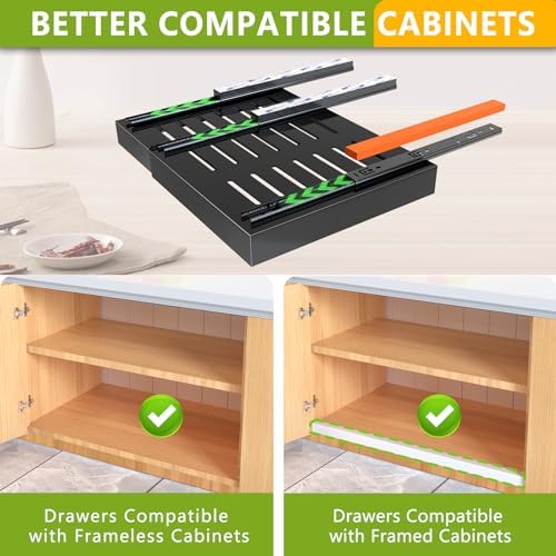 2 Pack Pull Out Cabinet Organizer,21" Deep Slide Out Drawer Organizers,No Drill Pull Out Drawers Adhesive with Nano Compatible Framed Cabinets Shelves for Kitchen Pantry Adjustable Width