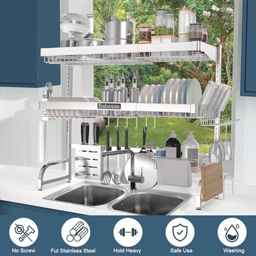 Over The Sink Dish Drying Rack,3 Tier Adjustable Length (25.5'' to 37.4'') Full Stainless Steel Large Storage Kitchen Dish Rack,For Kitchen Counter Expandable Multifunctional Organizers,Silver