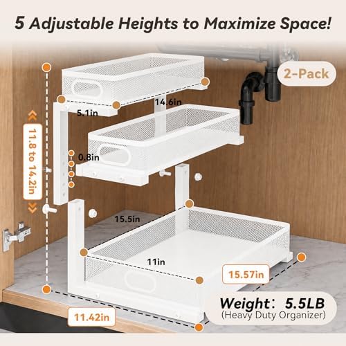 3-Tier Under Sink Organizer 2-Pack Organization for Bathroom Kitchen,White