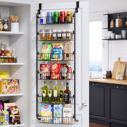 Over the Door Pantry Organizer, 6-Tier Metal Pantry Door Organization and Storage, Hanging Kitchen Basket Spice Rack Seasoning Shelves, Cabinet Door Organizer for Easy Install,D5xW18xH50inch