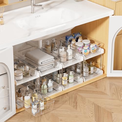 4 Pack Pull Out Bathroom Under Sink Organizer (S-Standard, White)