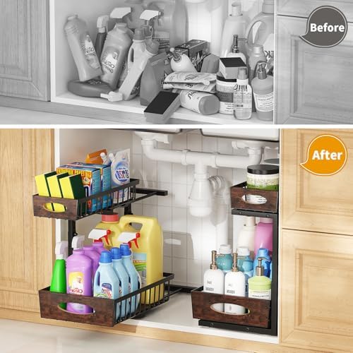 2-Tier Under Sink Organizer with Wooden Drawer Handle, 2 Pack Adjustable Height Pull Out Cabinet Organizer Shelf,Slide out Storage Drawer Rack for Kitchen Bathroom Laundry Room Pantry