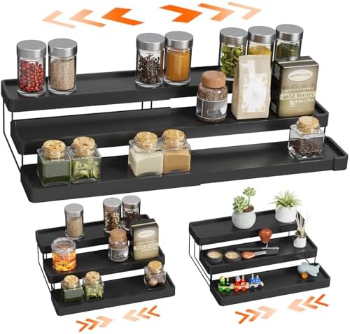 Expandable Spice Rack Organizer - 3 Tier Adjustable Spice Organizer for Cabinet & Countertop - Easy Visibility - Black