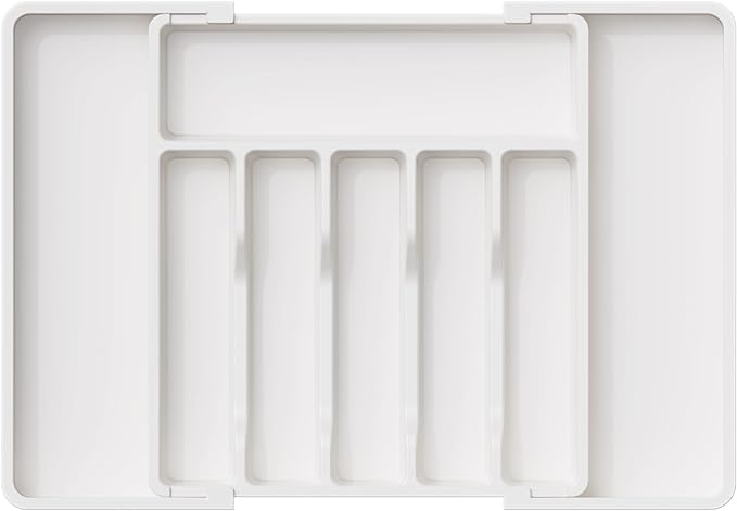 Lifewit Silverware Drawer Organizer, Expandable Utensil Tray for Kitchen, BPA Free Flatware and Cutlery Holder, Adjustable Plastic Storage for Spoons Forks Knives, 13-22 x 15", White