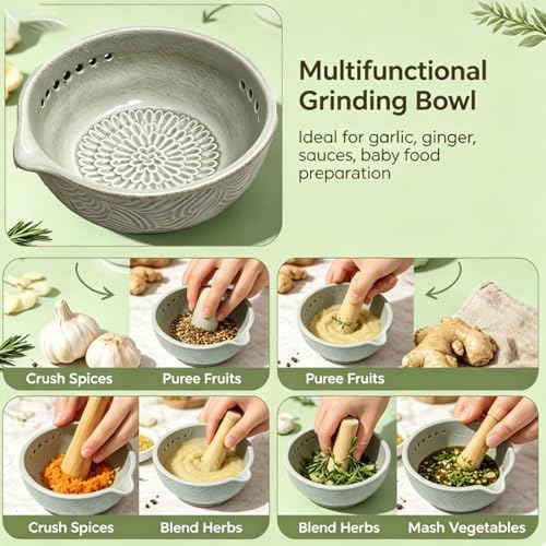Ceramic Grater Bowl, 2-in-1 Garlic Grater & Herb Stripper (blue, 7Holes)