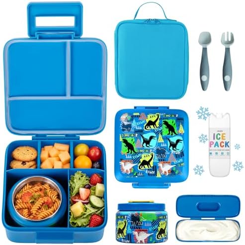 Bento Lunch Box for Kids With 8oz Soup thermo,Leak-proof Lunch Containers with 5 Compartment,thermo Food Jar and Lunch Bag, Food Containers for School (A-Blue(Dinosaur))