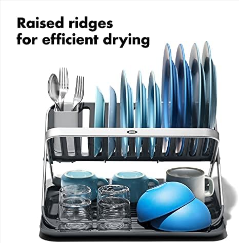 OXO Good Grips Aluminum Fold Flat Dish Drying Rack, 2-Tier, with Drainboard