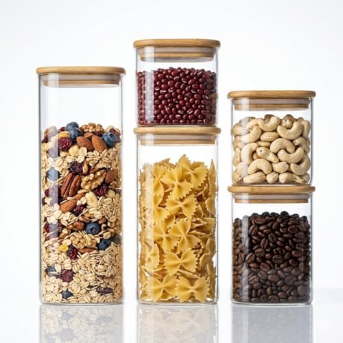 5PCSGlass Storage Containers with Lids, Airtight Pantry Storage Containers Glass Jars Kitchen Canisters Flour Sugar Food Storage Dishwasher Safe (0.5Qt*1/0.85Qt*1/1.2Qt*1/1.6Qt*1/2.3Qt*1)