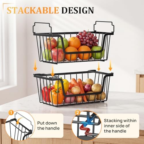 Stackable Storage Bins 4 Pcs Wire Baskets Freezer Organizer, Black