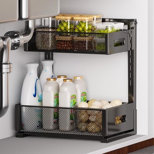 Under Sink Organizer for Bathroom & Kitchen, Under Cabinet Storage Shelf, Bathroom Cabinet Organizer Vanity Drawer Pantry Organization, Multi-Purpose Under Sink Slide Out Storage Shelf