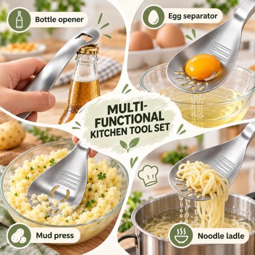 5-in-1 Multifunction Stainless Steel Cooking Grater Spoon, Kitchen Tool for Mashing, Grating, Straining, Egg Separating & Bottle Opening, 1.5mm Steel, 144 Grinding Teeth - Image 7