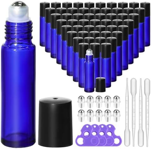 KEYWING 10ml Blue Glass Roller Rottles for Essential Oils, 54 Pack by KEYWINGDirect