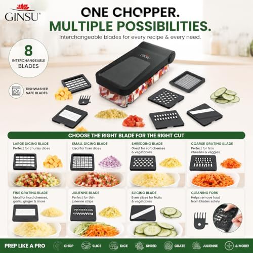 GINSU Plastic Pro Multifunctional Vegetable Chopper & Slicer – 11"x6"x4" Food Dicer, Cutter & Mandoline with 8 Interchangeable Blades for Chopping, Slicing, Dicing & Grating - Image 2