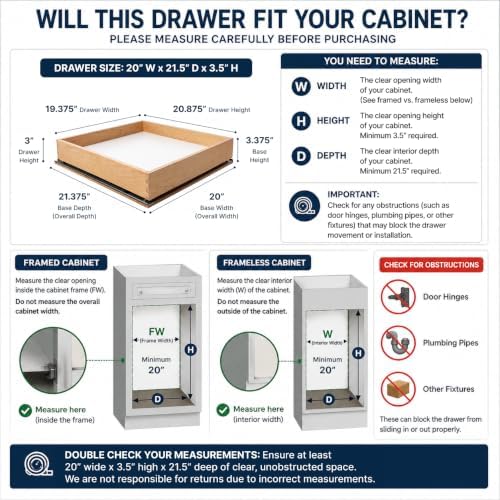 Pull Out Cabinet Drawer Organizer 20"W x21"D Hard Maple - Easy to Install Fully Assembled Heavy Duty 100Lbs, Wooden Soft Close Bottom Mounted Cabinet Drawer for Kitchen Cabinets, Pantries