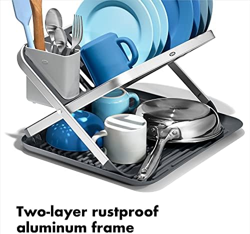 OXO Good Grips Aluminum Fold Flat Dish Drying Rack, 2-Tier, with Drainboard