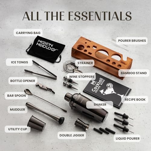 Pro-Graded Cocktail Shaker Set with Stand | Complete Bartender Kit | 24oz Martini Shaker, Jigger, Strainer, Bar Spoon, Tongs, Opener, Muddler, Home Bar Essentials