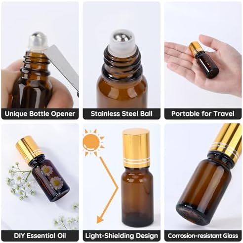 Segbeauty 0.34oz Thick Amber Glass Roll On Bottles for Essential Oils, 5pcs Small Empty Oil Roller Bottles for Eye Essence, 10ml Travel Refillable Roller Ball Applicator, Perfume Oil Rollerball Bottle - Image 2