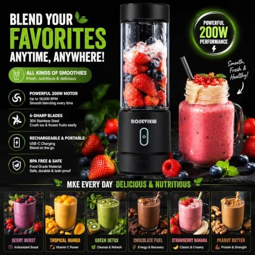 Portable Smoothie blender ROSEVIEW Glass bottle USB rechargeable 200W Power 15Oz 12 blades mini Handheld Ice Shakes Cup blend juicer Cordless blender Personal smoothies maker Fruit mixer - Image 5