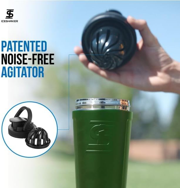 Insulated Stainless Steel Shaker Bottle | 26oz, Green | Cold for 30+ Hours | Insulated Cup with Twist-on Agitator | Odor-Free Bottle for Protein Shakes, Water, Smoothies, Cocktails