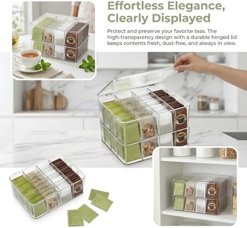 16 Compartment Acrylic Tea Bag Organizer with Lid (2 Pack)
