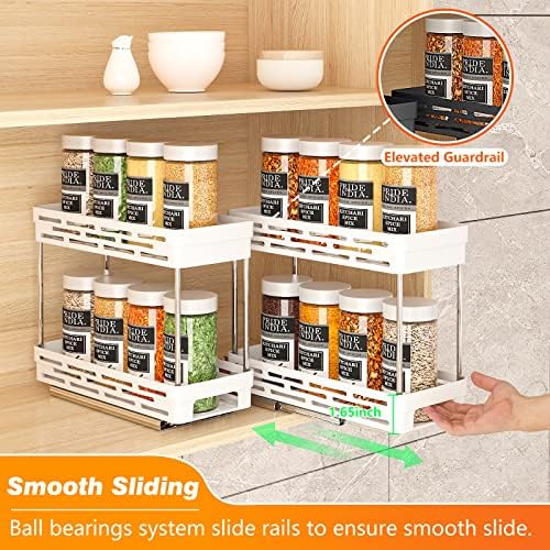 Pull Out Spice Rack Organizer for Cabinet, 2 Pack Slide Out Spice Racks Organizer, Spice Cabinet Organizers, Cabinet Size Need:12'' Highx11'' Deepx5'' Wide,Hold 10 Spice Jar Each Tier-2Tier, White