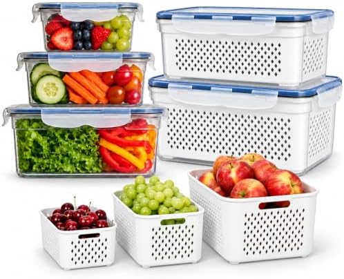 5 Pack Large Fruit Storage Containers for Fridge with Removable Colander