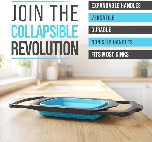 Blue XL Collapsible Silicone Over Sink Colander – 6 Quart