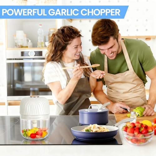 Electric Garlic Chopper 350ML, Mini USB Rechargeable Veggie Chopper, Cordless Garlic Mincer Onion Chopper Food Chopper for Ginger Chili Meat Sauce, Wireless Food Processor, White - Image 2