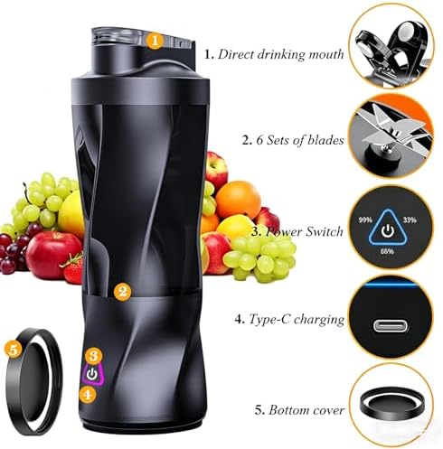 Portable Juicer Blender, Food Grade Tritan with BPA Free 6 Stainless Steel Blades, USB Power Source Rechargeable Household Mini Electric Portable Juicer with Auto Self-cleaning function. - Image 4