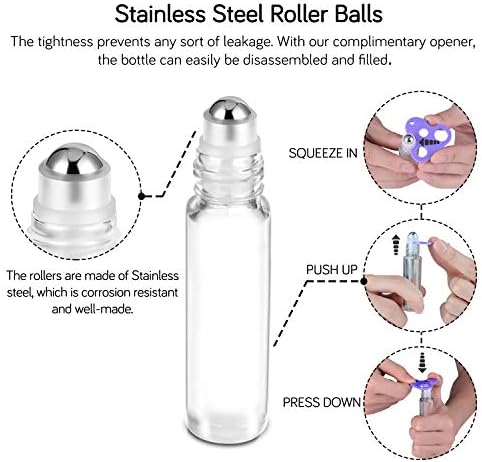 Essential Oil Roller Bottles 10ml ( Clear Glass Bottle with Bamboo Lid, 12 Pack, 2 Extra Stainless Steel Balls, 24 Labels, 1 Opener, 1 Funnel, 2 Droppers ) Roller Balls for Oils, Roller on Bottles - Image 3