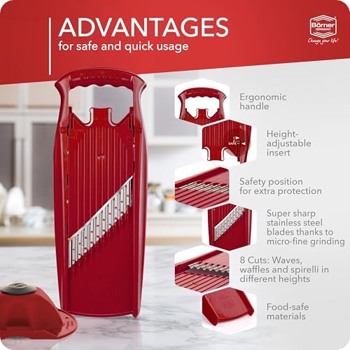 Börner by Reston Lloyd Wave-Waffle Power Line • Crinkle Cut/Spirelli Vegetable Slicer & Food Safety Holder • Slicer for Wave Waffle Cut Style • Multiple Thickness Options • Made in Germany, Red - Image 4