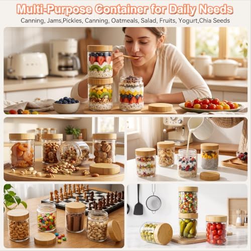 Overnight Oats Containers with Bamboo Lids, 16 oz Leakproof Glass Jars