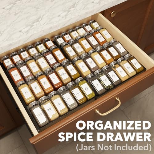 Bamboo Black Spice Drawer Organizer, (Need 3" Deep Drawer) Expandable 4 Tier Spices Rack for Cabinet, Kitchen Seasoning Storage Insert (Jars Not Included, From 12" to 23" Wide)