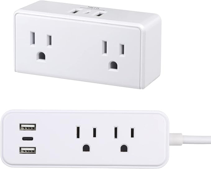 Clear Power 2Pack (Wall-Tap & Power Strip) with 6ft Power Cord, Compact Charging Hub with 2-Port USB-A & 1-Port USB-C Chargers, 3-Prong, for Home, Office, Hotel, DC3S-1122-DC