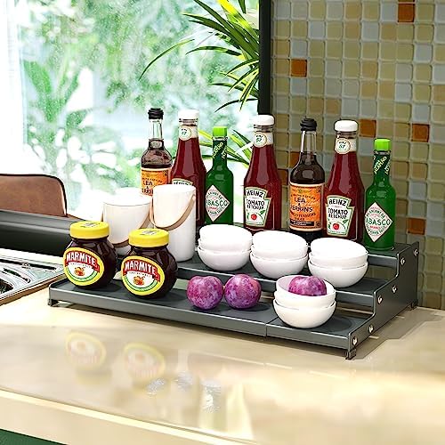 Spice Rack Organizer for Cabinet, 3 Tier Expandable Spices Storage, Great for Kitchen Cabinets, Cupboard,Pantry and Countertop More(Gun-Gray, 2 PACKS/GUN-GRAY)
