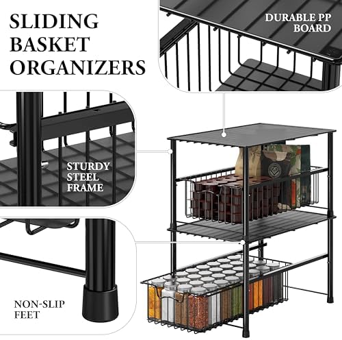 Wired Stackable Under Sink Cabinet Sliding Basket, Black