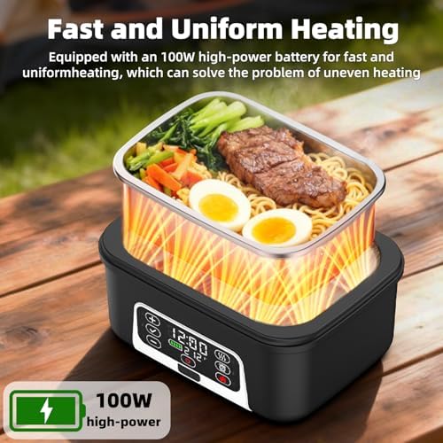 XL 6.3-Cups Cordless Electric Heated Lunch Box for Adults, 20000mAh Rechargeable Battery Powered Smart Self Heating Lunchbox for Men Women, 100W Food Warmer for Trucks Driver Travel Office Worker