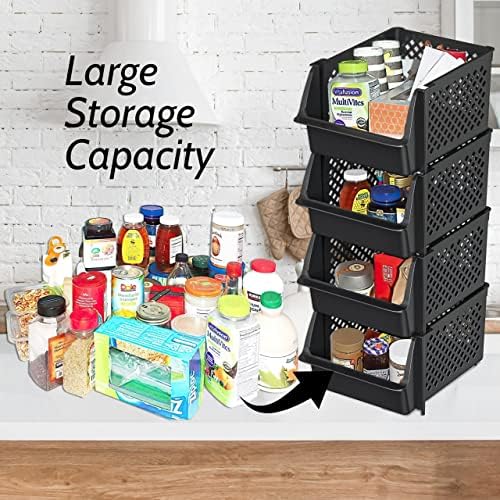 Stackable Storage Bins Open Front for Pantry Storage, 4 Pack - Black