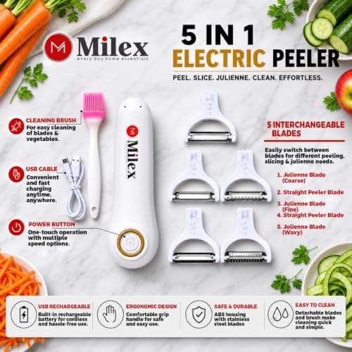 Milex 5-in-1 Electric Vegetable & Fruit Peeler with Pastry Brush, White