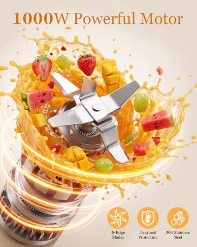 Smoothies Blender, 1000W High Power Household Kitchen Countertop Blender for Protein and Shakes, Personal Smoothie Maker Juice Mixers with 3 BPA-Free Cups (24/18/12oz) - Image 2