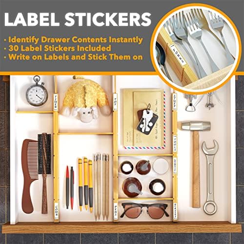 Bamboo Drawer Dividers with Inserts and Labels, Kitchen Adjustable Drawer Organizers, Expandable Organization for Home, Office, Dressers, 4 Dividers with 9 Inserts (17"-22" Natural)