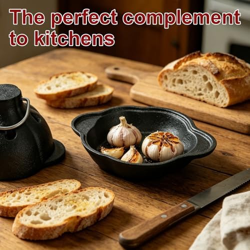 Cast Iron Garlic Roaster with Ring Handle and Cleaning Brush, Food Grade Garlic Baker for Oven and Outdoor Grill, Heavy Duty Roasting Pot for Gourmet Cooking and BBQ Enthusiasts