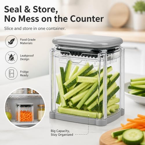 7-in-1 French Fry Cutter, Manual Vegetable Chopper with Storage Container and 4 Blades, Multi Functional Potato Onion Dicer Slicer for Kitchen
