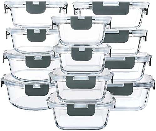 24 Piece Glass Food Storage Containers with Lids,Gray