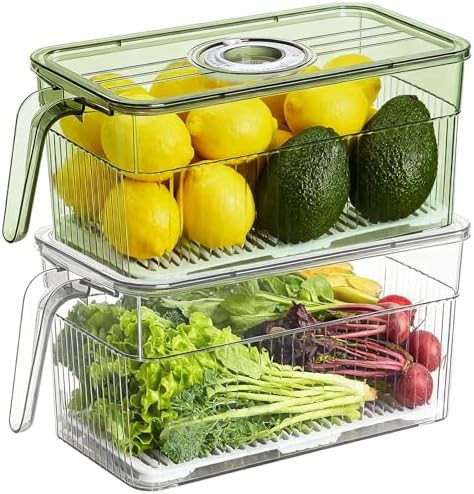 2 Pack Stackable Food Storage Produce Saver Containers for Refrigerator, Berry Keeper Boxes for Fridge with Removable Drain Tray Keep Fresh for Vegetables/Fruit (Clear&Green)