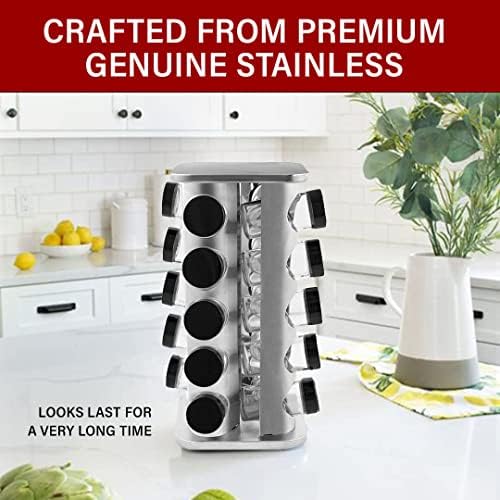20 Jar Rotating Stainless Steel Spice Rack - No Spices - Black Lids