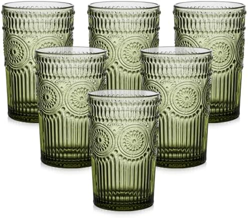 Drinking Glasses Set of 6,13oz Flower Design Green Glass Cups