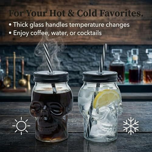 Skull Mason Jar Mug Tumbler Glass Cups with Cover and Straw, Halloween Decor, Drinking Glasses - 16oz - Set of 2