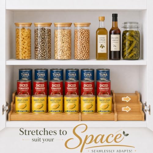 Expandable Bamboo Can Rack Organizer for Pantry, 3-Tier Can Storage Holder
