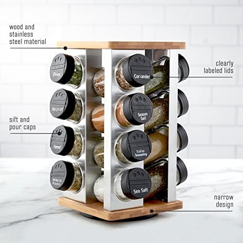 16 Jar Warner Revolving Countertop Spice Rack Organizer with Lift & Pour Caps and Spices Included, FREE Spice Refills for 5 years, Stainless Steel & Bamboo with Black Caps